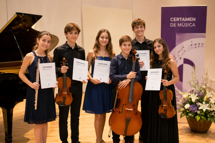 Jóvenes músicos mostrando sus diplomas durante un certamen musical tras sus actuaciones instrumentales.